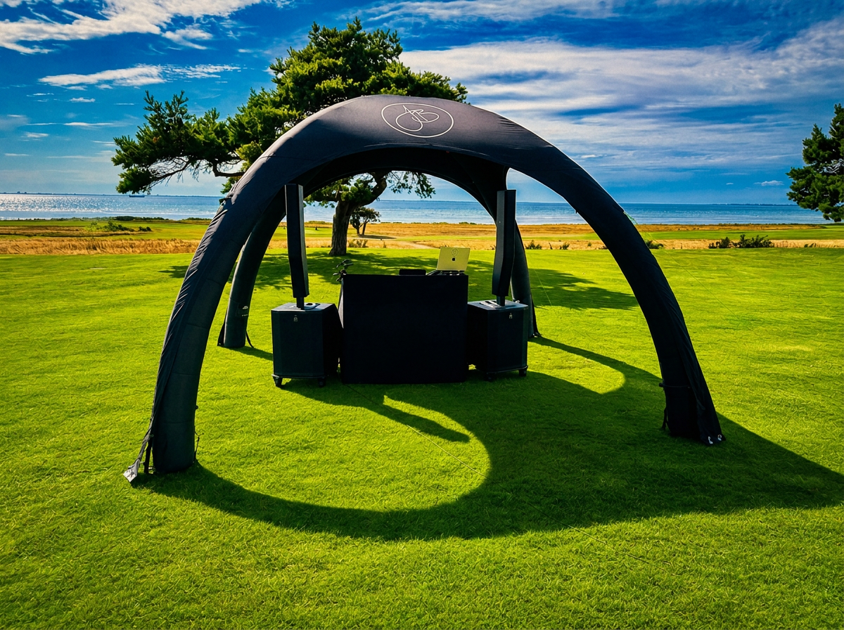 Seaside golf course event setup with DJ dome